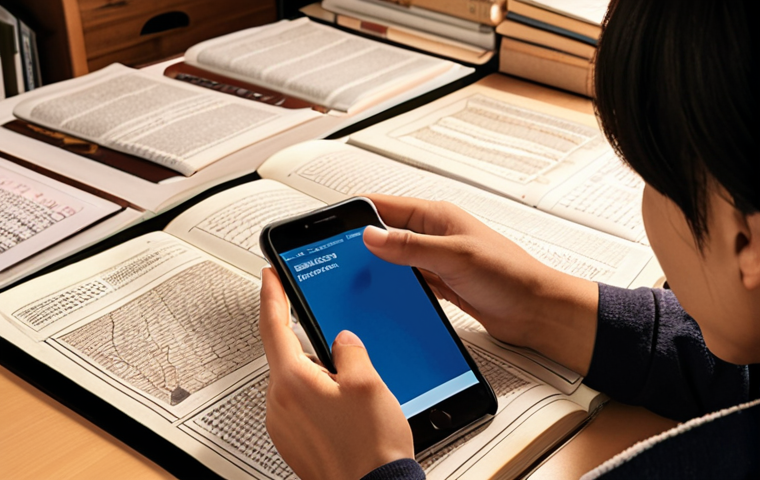 **

A student intensely studying architectural evaluation exam materials, surrounded by textbooks, past papers, and a smartphone displaying a study app. The scene should convey focus and determination, with soft, warm lighting. Japanese text visible on the materials.

**