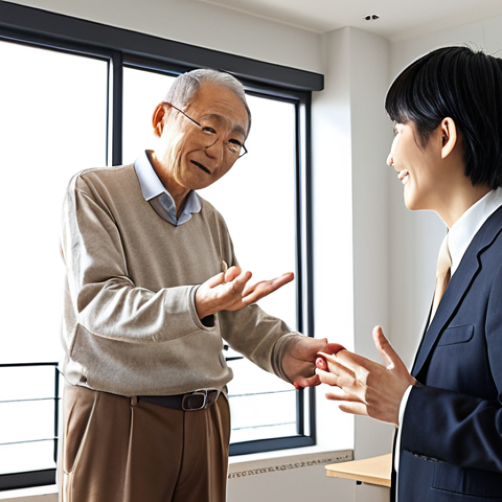 **

A friendly Japanese building appraiser (建築評価士) in a bright, modern office, warmly greeting a concerned-looking elderly couple. Sunlight streams through the window. He is actively listening to them, perhaps gesturing gently with his hands. The overall impression should be one of trustworthiness, empathy, and professional competence.  Subtle background details could hint at architectural plans or models. Style: Clean, professional illustration or a realistic photo.

**