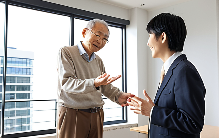 **

A friendly Japanese building appraiser (建築評価士) in a bright, modern office, warmly greeting a concerned-looking elderly couple. Sunlight streams through the window. He is actively listening to them, perhaps gesturing gently with his hands. The overall impression should be one of trustworthiness, empathy, and professional competence.  Subtle background details could hint at architectural plans or models. Style: Clean, professional illustration or a realistic photo.

**