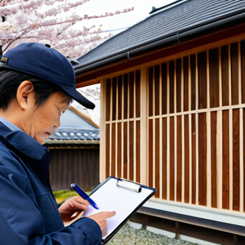 Building Assessment - On-site Survey**

A professional building inspector, fully clothed in appropriate attire, examining the exterior of a wooden house. He's taking notes on a clipboard. The scene shows a close-up inspection of the foundation and siding. Background: A typical Japanese residential neighborhood with cherry blossom trees in bloom. safe for work, appropriate content, perfect anatomy, correct proportions, natural pose, professional, modest, well-formed hands, proper finger count, natural body proportions.

**