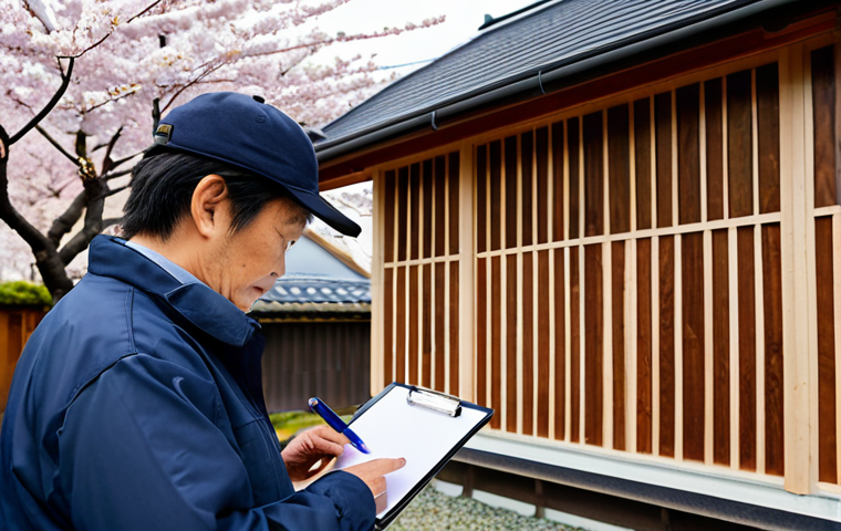 Building Assessment - On-site Survey**

A professional building inspector, fully clothed in appropriate attire, examining the exterior of a wooden house. He's taking notes on a clipboard. The scene shows a close-up inspection of the foundation and siding. Background: A typical Japanese residential neighborhood with cherry blossom trees in bloom. safe for work, appropriate content, perfect anatomy, correct proportions, natural pose, professional, modest, well-formed hands, proper finger count, natural body proportions.

**