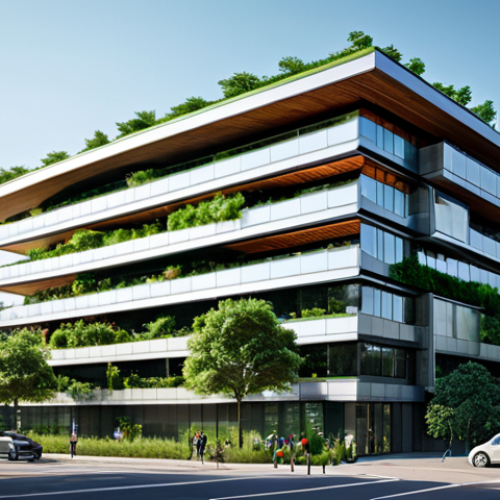 **Modern Sustainable Building:** A sleek, modern building with large solar panels on the roof, surrounded by lush greenery and pedestrian-friendly walkways. Emphasize eco-friendly design and integration with nature. Safe for work, appropriate content, fully clothed, professional architecture, perfect anatomy, natural proportions.