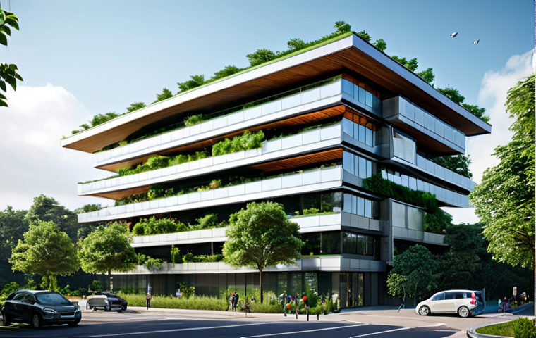 **Modern Sustainable Building:** A sleek, modern building with large solar panels on the roof, surrounded by lush greenery and pedestrian-friendly walkways. Emphasize eco-friendly design and integration with nature. Safe for work, appropriate content, fully clothed, professional architecture, perfect anatomy, natural proportions.