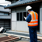 建築評価士 (Kenchiku Hyōka-shi): 建物の劣化診断を行う建築評価士、ヘルメット着用、現場検証、専門的な道具使用、精密な検査、安全第一、日本の住宅街背景、高解像度、リアルな描写. (*Translation: An architectural appraiser conducting a building deterioration diagnosis, wearing a helmet, on-site inspection, using specialized tools, precise inspection, safety first, Japanese residential area background, high resolution, realistic depiction.*)