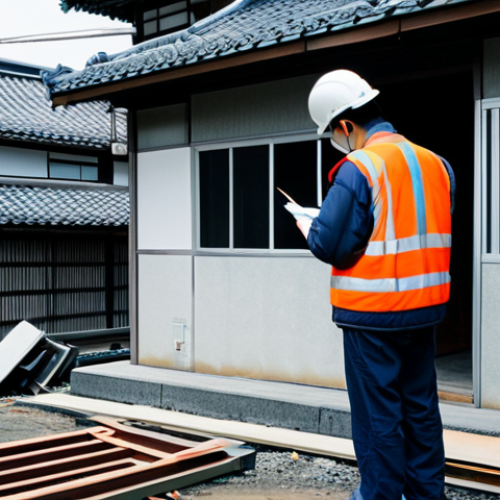 建築評価士 (Kenchiku Hyōka-shi): 建物の劣化診断を行う建築評価士、ヘルメット着用、現場検証、専門的な道具使用、精密な検査、安全第一、日本の住宅街背景、高解像度、リアルな描写. (*Translation: An architectural appraiser conducting a building deterioration diagnosis, wearing a helmet, on-site inspection, using specialized tools, precise inspection, safety first, Japanese residential area background, high resolution, realistic depiction.*)