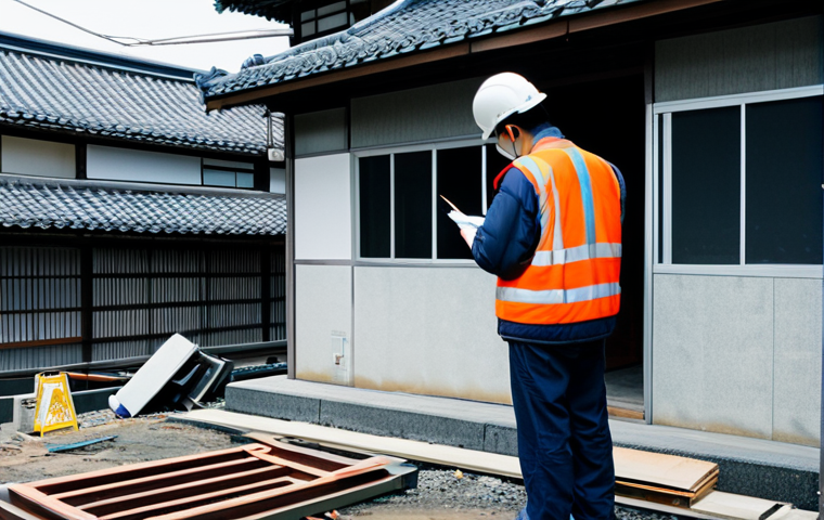建築評価士 (Kenchiku Hyōka-shi): 建物の劣化診断を行う建築評価士、ヘルメット着用、現場検証、専門的な道具使用、精密な検査、安全第一、日本の住宅街背景、高解像度、リアルな描写. (*Translation: An architectural appraiser conducting a building deterioration diagnosis, wearing a helmet, on-site inspection, using specialized tools, precise inspection, safety first, Japanese residential area background, high resolution, realistic depiction.*)