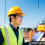 건축평가사의 직업 만족도를 높이는 습관 - A modern Japanese architectural evaluator at a construction site during daytime, wearing professiona...