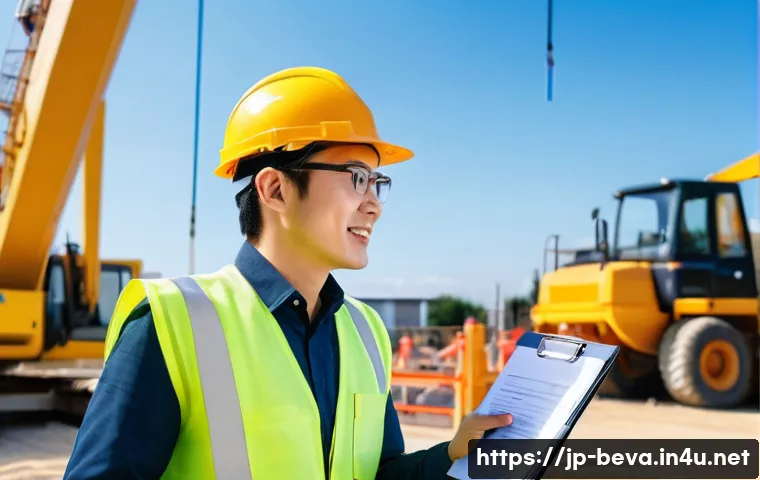 건축평가사의 직업 만족도를 높이는 습관 - A modern Japanese architectural evaluator at a construction site during daytime, wearing professiona...