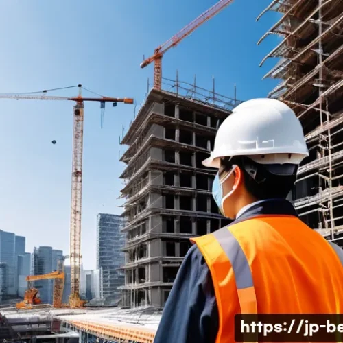 건축평가사와 신기술 적용 사례 - A professional construction site scene in modern Japan featuring a compact drone equipped with a hig...
