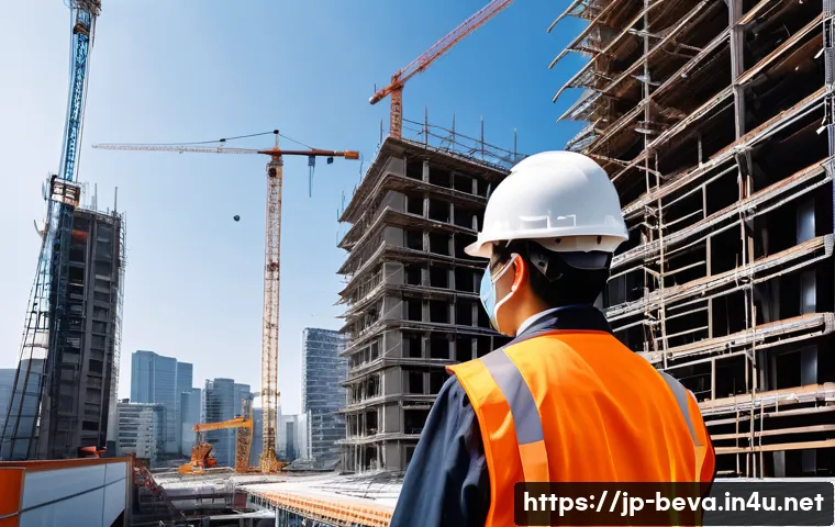 건축평가사와 신기술 적용 사례 - A professional construction site scene in modern Japan featuring a compact drone equipped with a hig...