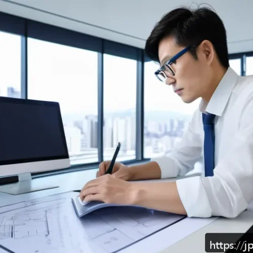 건축평가사의 자기 발전을 위한 독서 목록 - A modern Japanese architect wearing smart casual attire, attentively working on a large computer scr...