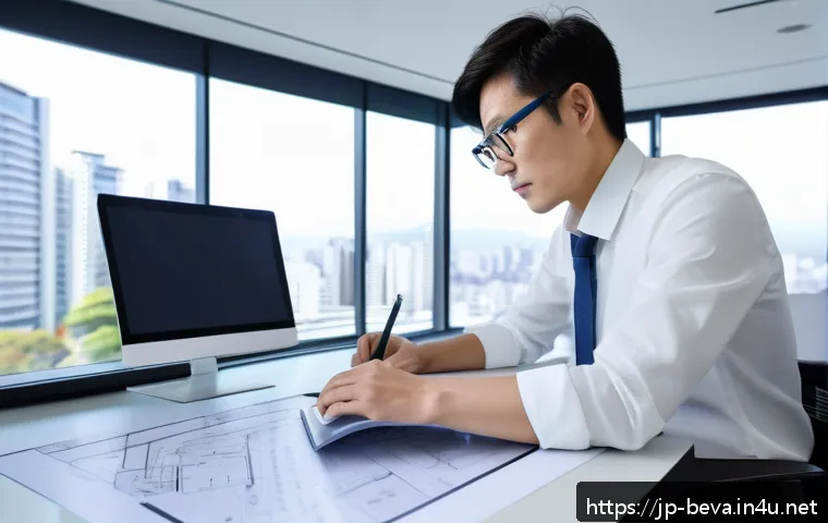 건축평가사의 자기 발전을 위한 독서 목록 - A modern Japanese architect wearing smart casual attire, attentively working on a large computer scr...