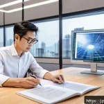 건축평가사의 직업 만족도를 높이는 방법 - A modern Japanese architect evaluator in a sleek office setting, attentively studying updated archit...