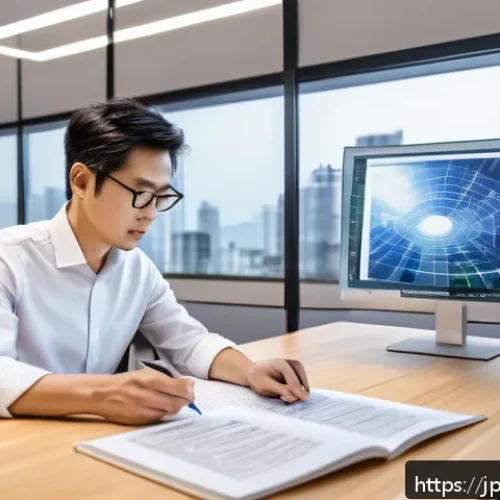 건축평가사의 직업 만족도를 높이는 방법 - A modern Japanese architect evaluator in a sleek office setting, attentively studying updated archit...