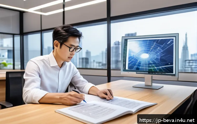 건축평가사의 직업 만족도를 높이는 방법 - A modern Japanese architect evaluator in a sleek office setting, attentively studying updated archit...