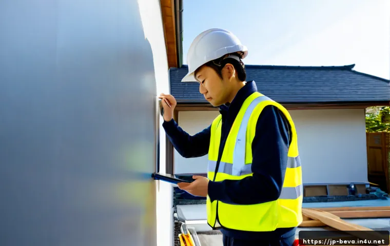 건축평가사로서 첫 현장 보고 작성법 - Photorealistic Japanese architectural appraiser at a residential building inspection site, wearing a...