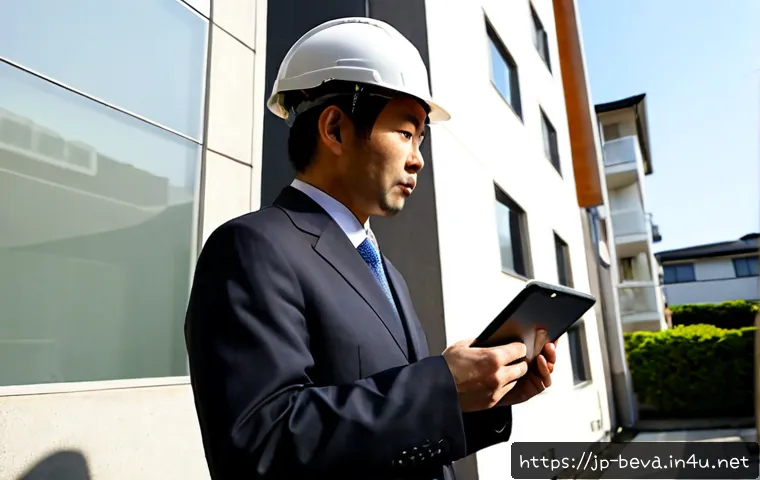건축평가사의 주요 업무 분야 - Photorealistic architectural appraiser inspecting a modern Japanese residential building exterior, w...