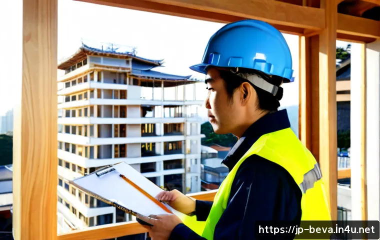 건축평가사가 되는 데 필요한 자질 - Photorealistic construction appraiser wearing a safety helmet and reflective vest, carefully inspect...