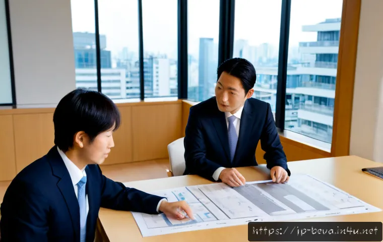 건축평가사와 다른 전문가들의 협업 사례 - Photorealistic architectural valuation collaboration meeting in a modern Japanese office, a Japanese...